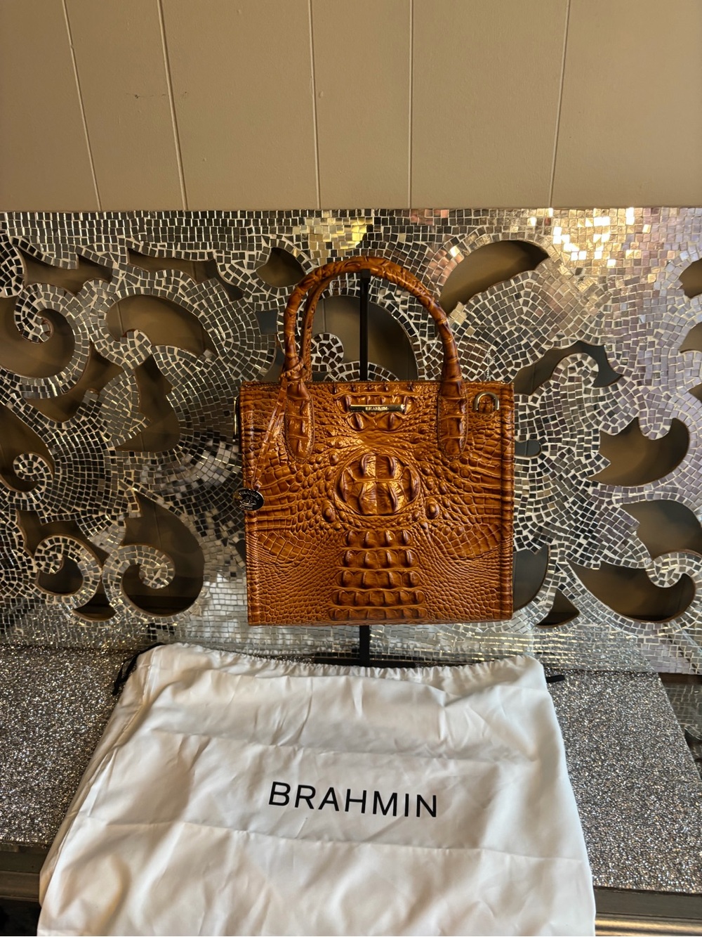 🌟Brahmin Croc-Embossed Leather Satchel in Cognac Brown